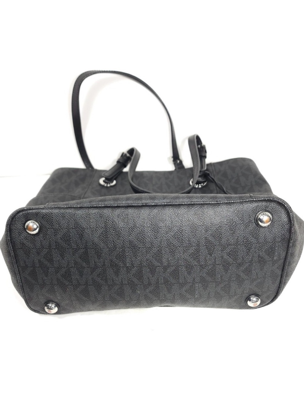Michael Kors Jet Set Signature Logo Tote Bag Black Monogram Silver Hardware - Picture 3 of 8
